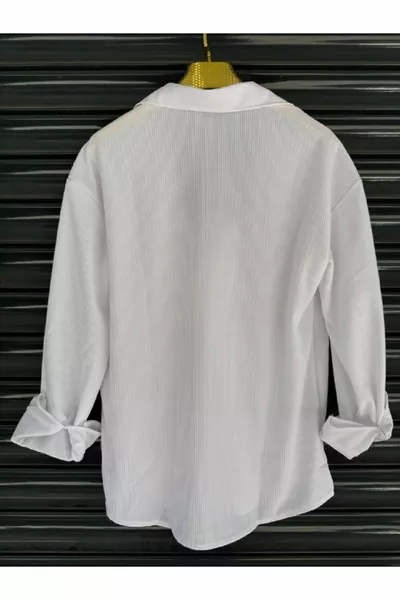 Мъжка зимна сезонна бяла оребрена оувърсайз риза с османска текстура