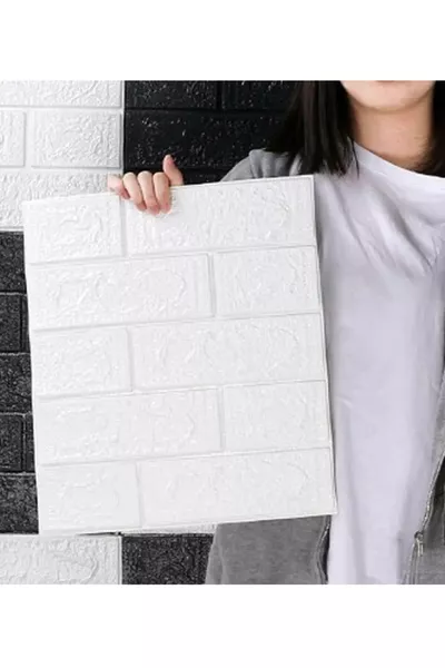 Самозалепващи се стенни тапети, гъвкави пяна панели, 3D тухлен модел, бял, 1 брой, см