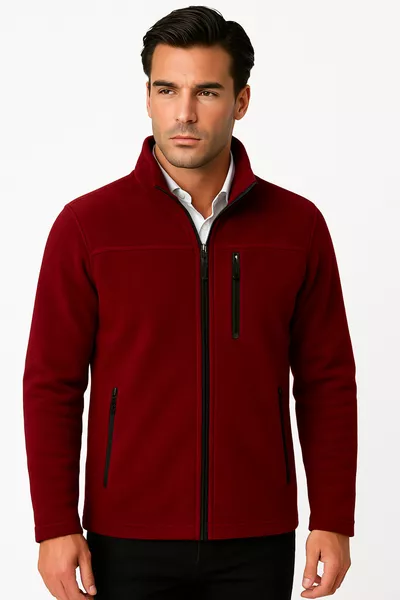 سترة بولار خارجية للجنسين بلون خمري برقبة على شكل قارب بسحّاب كامل وثلاث جيوب