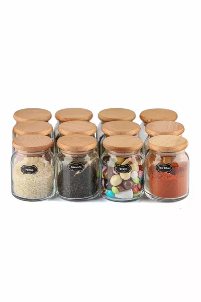 Luxuriöses Gewürzset mit Etikett, Bambusdeckel und Löffel, ml