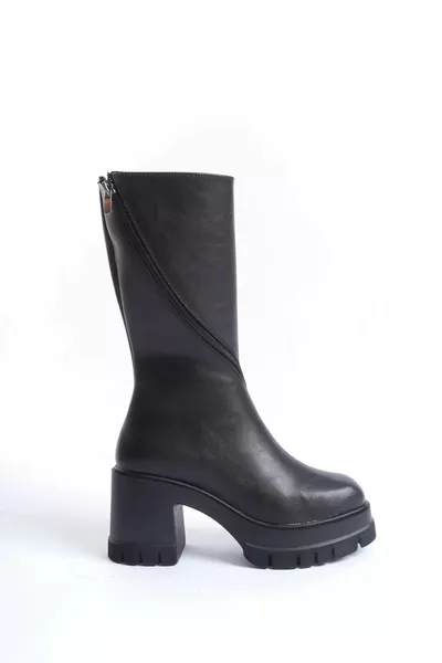 المرأة منتصف الكعب منصة مشبك مفصلة بسحاب الأحذية الجلدية