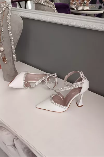 Wit Leer Drie Rijen Stenen cm Champagne Hakken Enkel Gordel Avondjurk Stiletto Damesschoenen