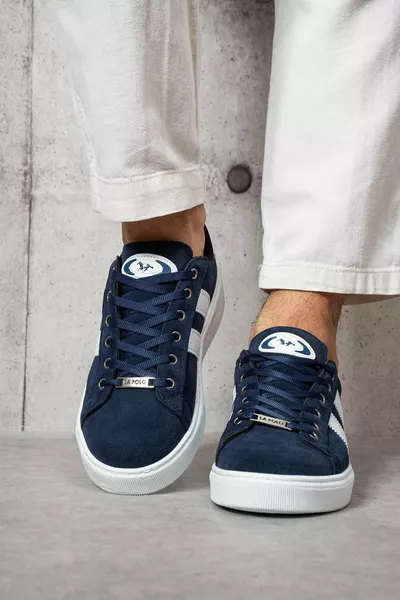  Navy Blue Color White Sole Lace-Up Casual Men's Sneakers Suede