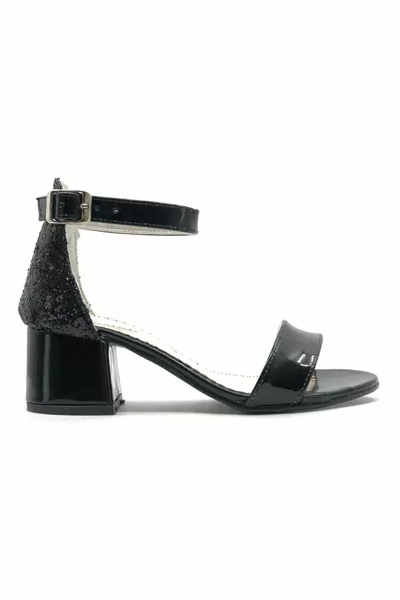 İremsu  Single Band Back Silvery Heeled Children's Shoes Black