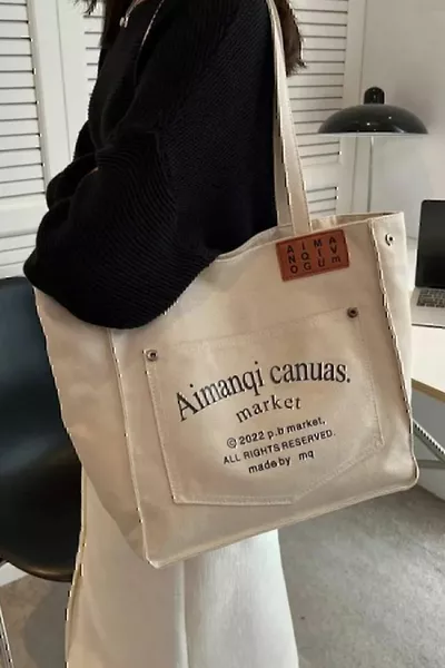 Canuas Beige Органическая холщовая ткань Большая сумка через плечо с карманами