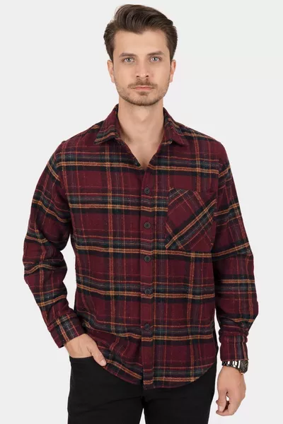 Burgundy Yellow Striped Oversize (Wide Pattern) Thick Lumberjack Gift Boxed Shirt
