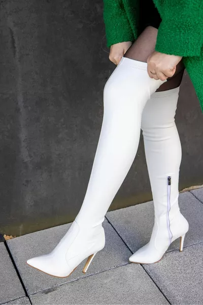 Mendoza Женские белые сапоги до колена на высоком растяжении на тонком каблуке
