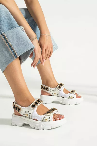 Midas Beyaz-Siyah Cilt Kadın Sandalet