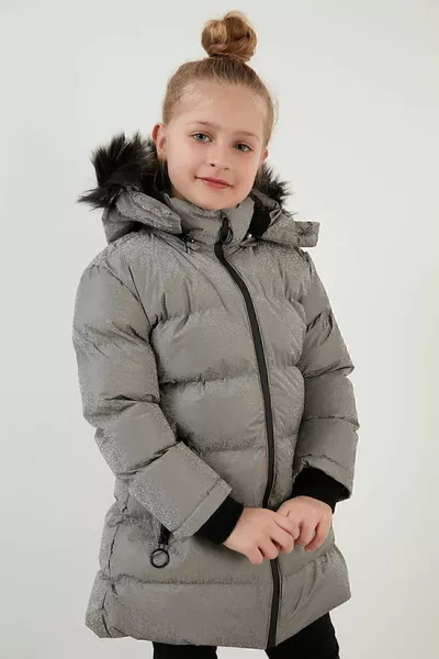 Girls' Winter Jacket with Faux Fur Collar, Plush Lining, Removable Hood, Slim Fit, Size 5