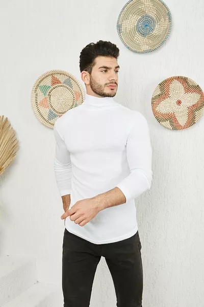 Men's White Turtleneck Knit Lycra Sweater