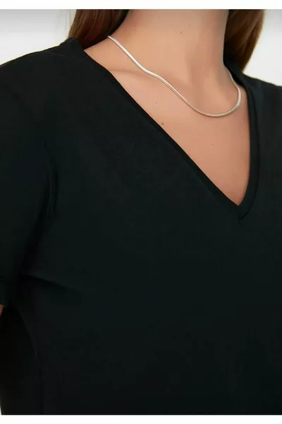 süper kalite siyah V-yaka kadın Basic tişört örme pamuk penye t-shirt