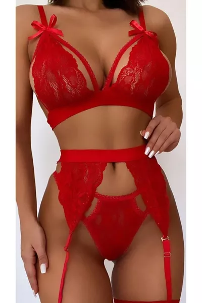 Ensemble de porte-jarretelles fantaisie pour femme avec détails en dentelle rouge