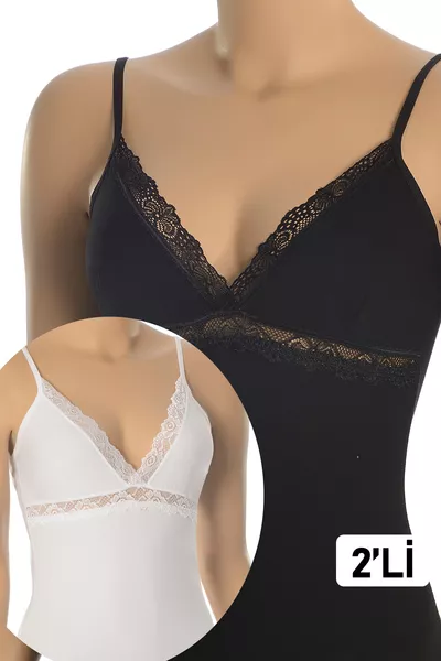 حمالة صدر نسائية من القطن بطبقتين مع دانتيل وياقة على شكل حرف V وحبال رفيعة