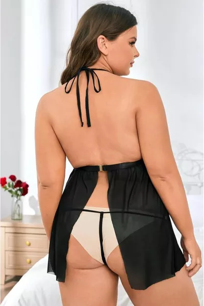 Women's Black Plus Size Back-Tie Stylish Nightgown