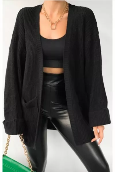 سترة صوفية فضفاضة للنساء بأكمام قابلة للطي وجيوب