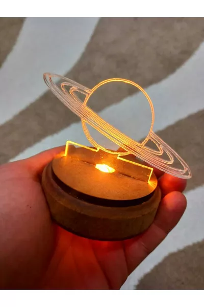 Сатурн акрилен глобус със светлина, дървена основа, 3D подарък Сатурнов глобус