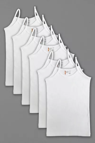 Girls' Cotton Tank Top with Thin Straps, Pack of 6, White Color