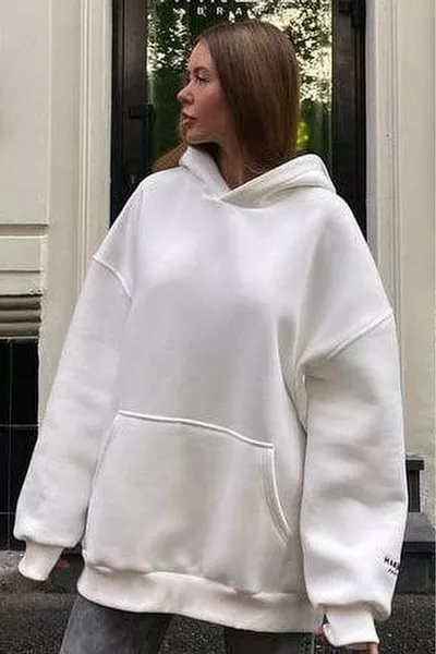 White Hooded Fleece-Lined Oversized Sweatshirt 
