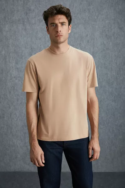 T-shirt beige à col rond Comfort Fit pour homme solo, en coton  % biologique, tissu épais