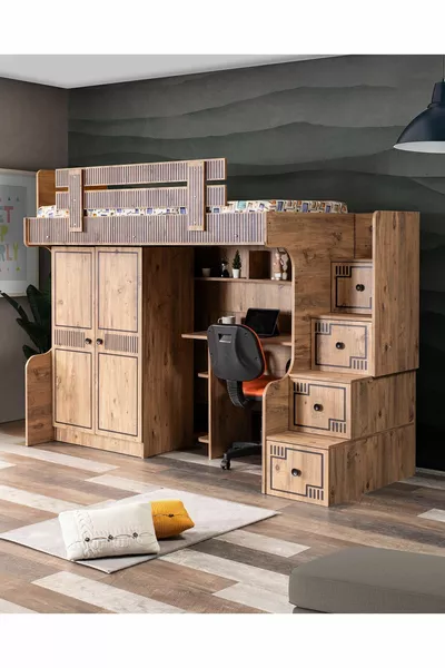 Bunk Bed, Natural Bunk Bed with Desk and Cabinet 1 Comfort Mattress