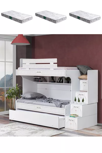 Stapelbed, Londen Stapelbed met Kinderbed + 3 Comfort Matrassen