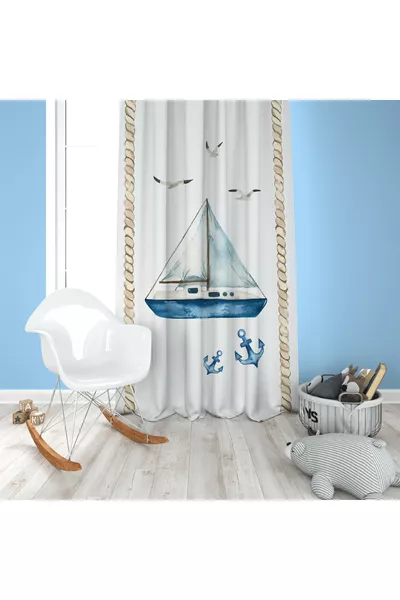 طقم غرفة الأطفال البحار (ستائر خلفية - غطاء سرير ووسادة - سجادة)