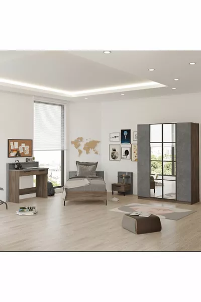 مجموعة غرفة نوم شبابية صغيرة من 4 قطع بالخرسانة والبيج -CG