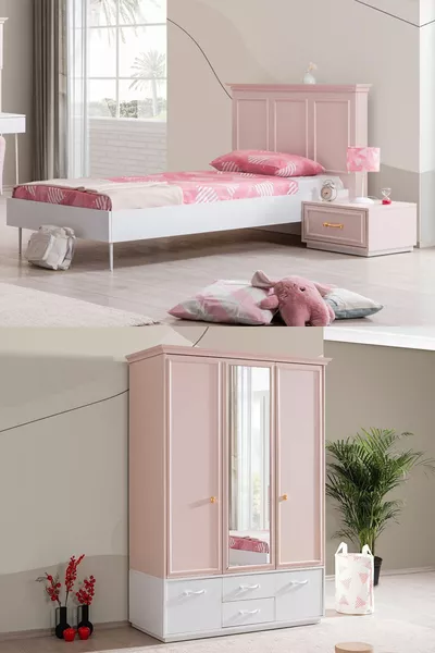Rosa Genç Odası - 3 Kapılı Dolap, Karyola, Komodin