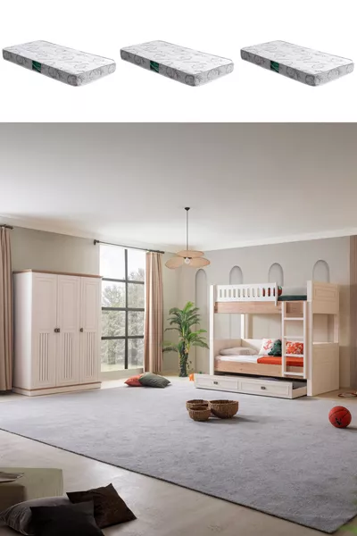 Bunk Bed, Zenit Bunk Bed with Trundle, 3-Door Wardrobe, 3 Comfort Mattresses