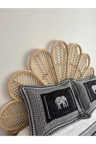 Bambu Rattan Hasır Yatak Başlığı El Yapımı Çift Kişilik Naturel Renk cm