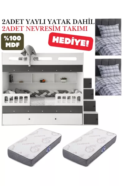 Berlin Loft Bed / 100% MDF / 2 Bamboo Spring Mattresses / 2 Duvet Cover Sets Free