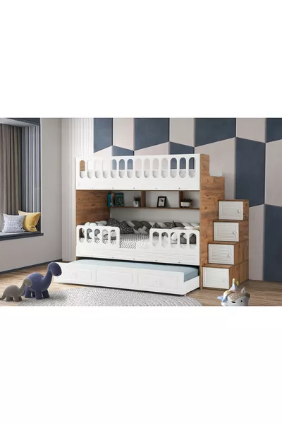 Сгъваемо легло с щори / Бор и бяло / Безплатен монтаж / 3 спални отделения / Стълба с гардероб / 100% MDF