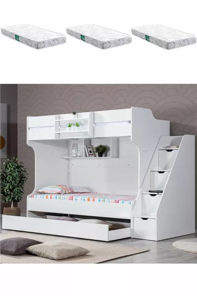Кровать-чердак, двухъярусная кровать Kardem с ящиками - Белая + 3 комфортабельных матраса