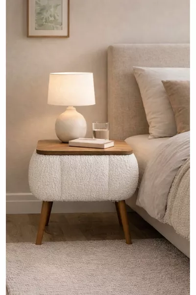 Lina Sandıklı Komodin, Teddy Kumaş Kaplamalı Ahşap Ayaklı Modern Komodin