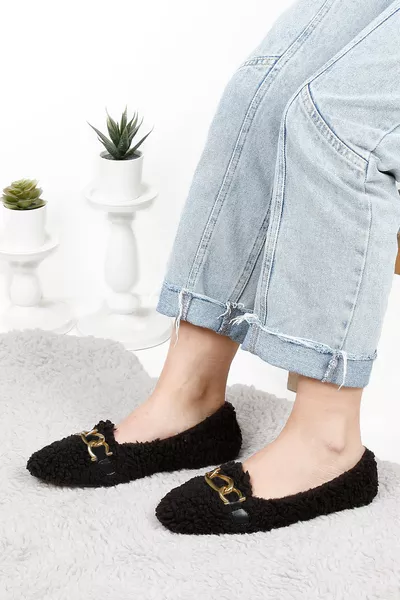 Peluş Tüylü Zincirli Kadın Ev Ayakkabısı Babet
