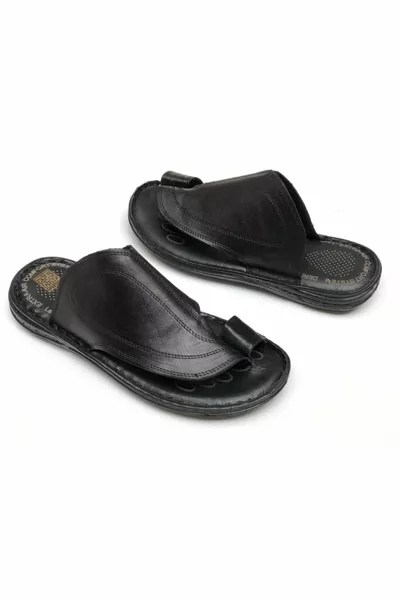 Erkek Siyah Hakiki Deri Parmak Arası Ortopedik Terlik