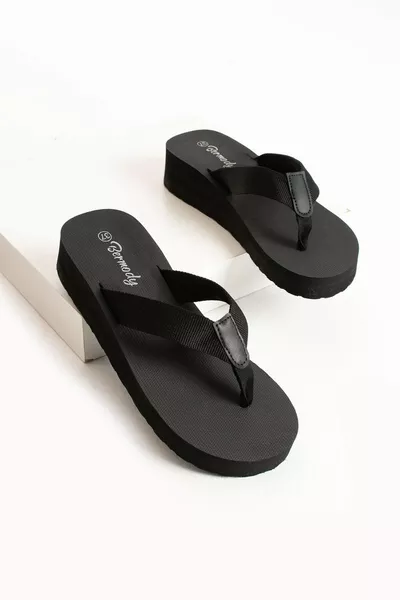 Kaila Women's Black Platform Wedge 4.5cm Fabric Toe Post Comfortable Summer Pool Beach Sandals