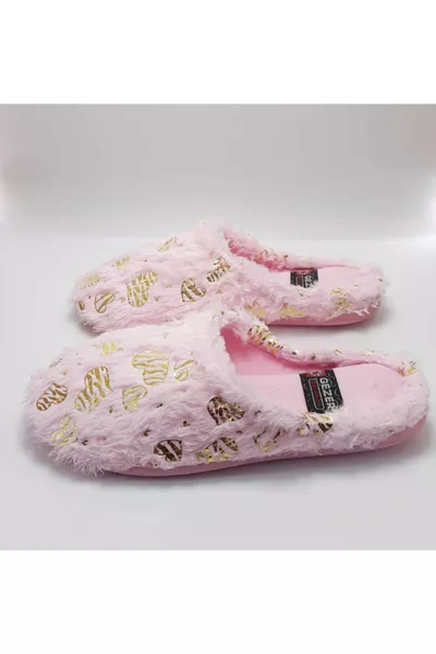 Дамски зимни домашни чехли с брокат на прасковено, 