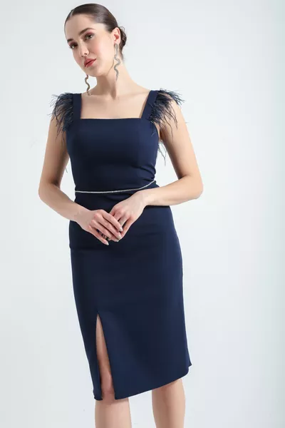 المرأة الأزرق الداكن Otrish شق ميدي مساء اللباس