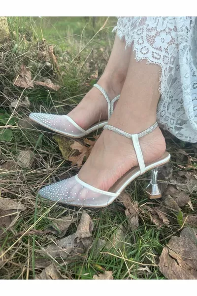 Kadın Sedef Kırık Beyaz 7 Cm Kadeh Topuklu Taşlı Sinderella Stiletto Gelin Ayakkabısı