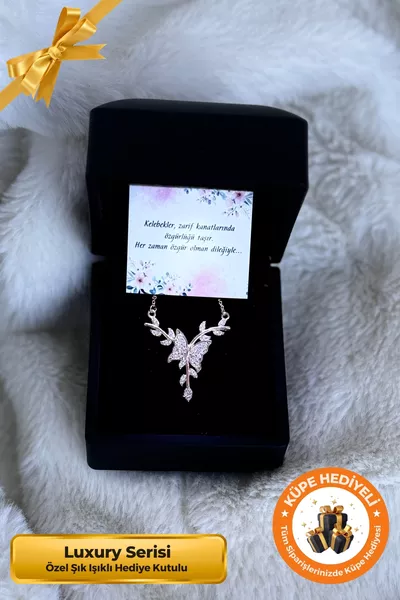 Luxury Series Light-Up Gift Box Butterfly on a Branch  Sterling Silver Rose Gold Plated Necklace