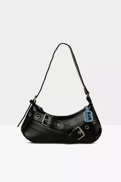 Black Women's Shoulder Bag with Belt Accessory and Strap Detail 