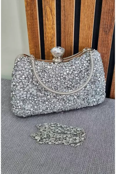 Women's Silver Crystal Evening Bag with Large Stone Special Occasion Bag