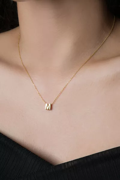 Women's Three-Dimensional M Letter  Sterling Silver Necklace with Gold Plating