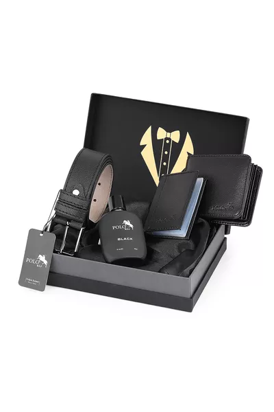طقم عريس رجالي كلاسيكي مكون من 4 قطع في علبة: حزام، محفظة، حامل بطاقات، عطر