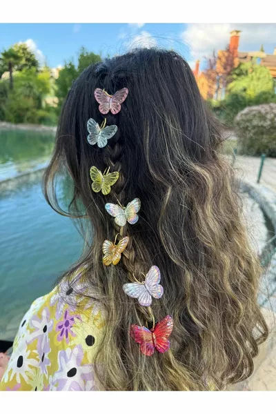 حلق شعر على شكل فراشة، حزمة مكونة من 7 قطع، مربوطة بفراشة مزخرفة