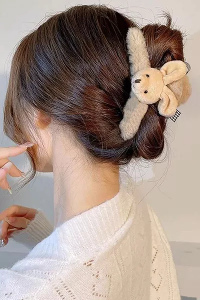 Pince à cheveux en peluche avec nœud et oreilles