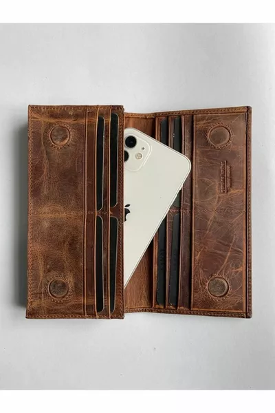 محفظة محمولة للجنسين من الجلد الطبيعي  مع قسم للهاتف