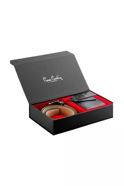 مجموعة محفظة وحزام رجالي من الجلد الطبيعي %