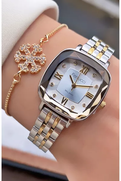 ساعة يد نسائية بسوار فولاذي ذهبي اللون من ماركة مع ضمان سنتين - سوار